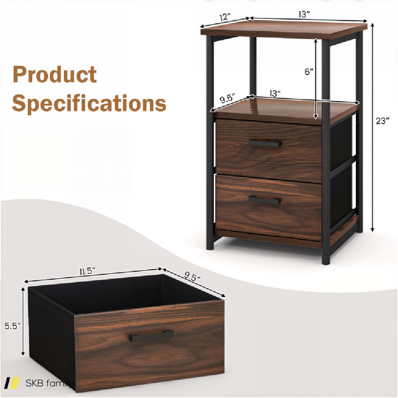 3-Tier Retro Nightstand With 2 Removable Fabric Drawers And Open Shelf 240515-230771