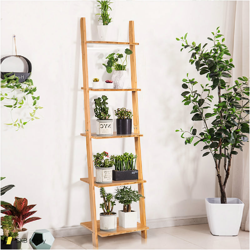 5-Tier Modern Bamboo Wall-Leaning Display Ladder Bookshelf 240515-230777