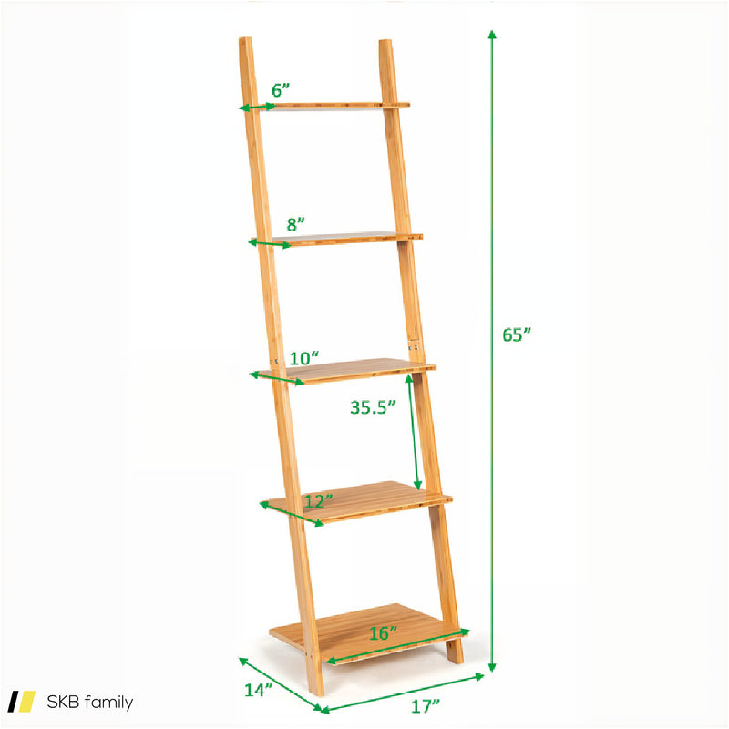 5-Tier Modern Bamboo Wall-Leaning Display Ladder Bookshelf 240515-230777