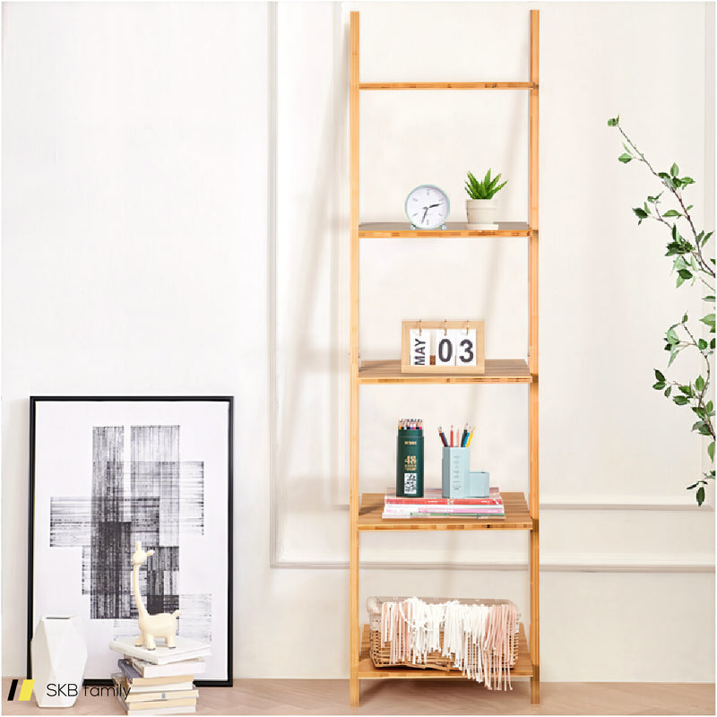 5-Tier Modern Bamboo Wall-Leaning Display Ladder Bookshelf 240515-230777