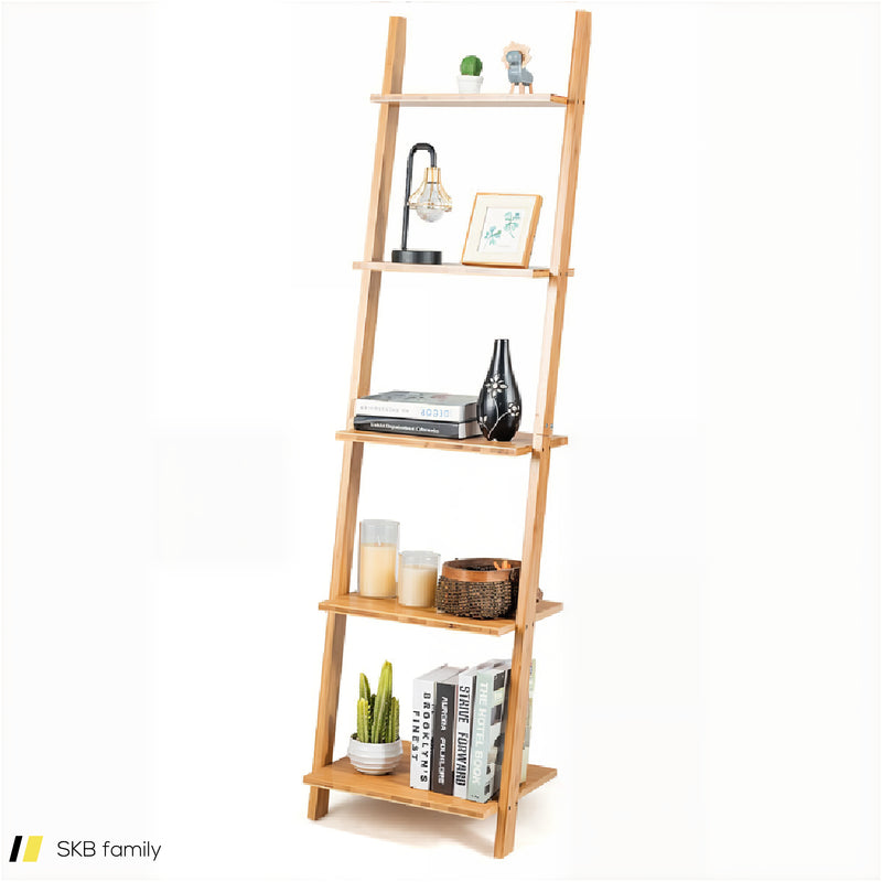 5-Tier Modern Bamboo Wall-Leaning Display Ladder Bookshelf 240515-230777