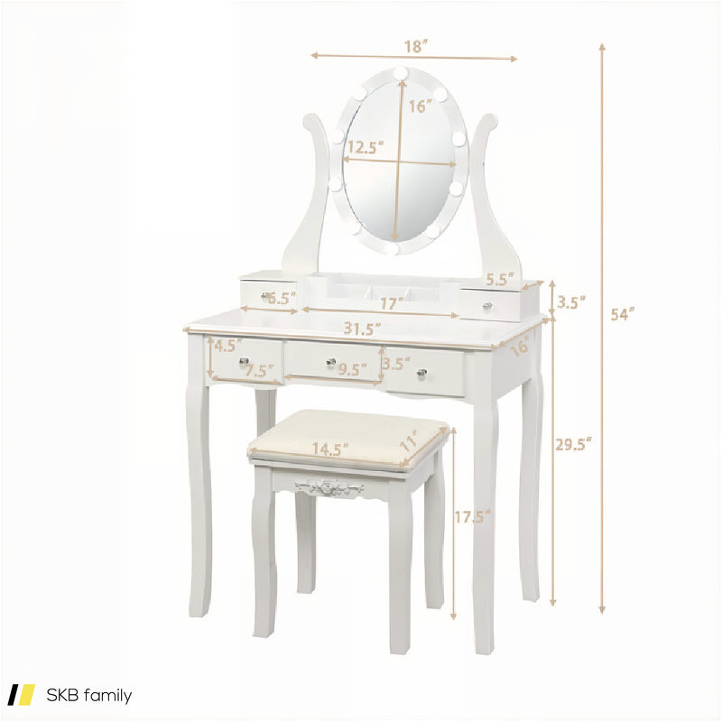 10 Dimmable Lights Vanity Table Set With Lighted Mirror And Cushioned Stool 240515-230796