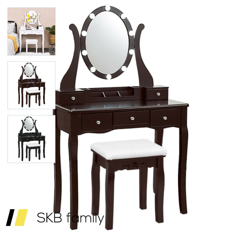 10 Dimmable Lights Vanity Table Set With Lighted Mirror And Cushioned Stool 240515-230796