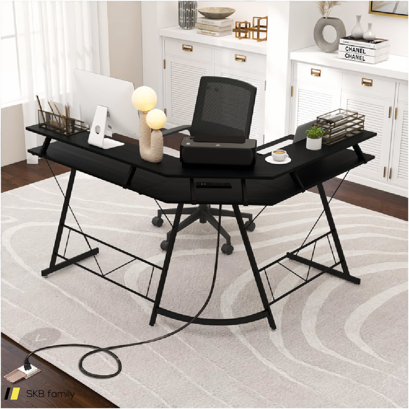 L-Shaped Computer Desk With Power Outlet And Monitor Stand 240515-230824