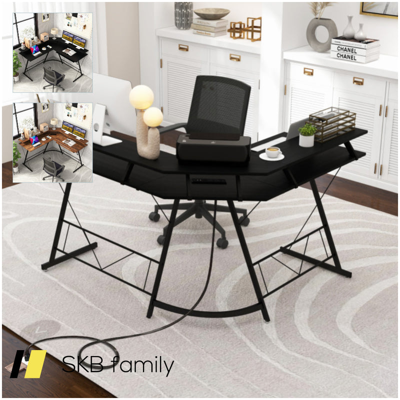 L-Shaped Computer Desk With Power Outlet And Monitor Stand 240515-230824