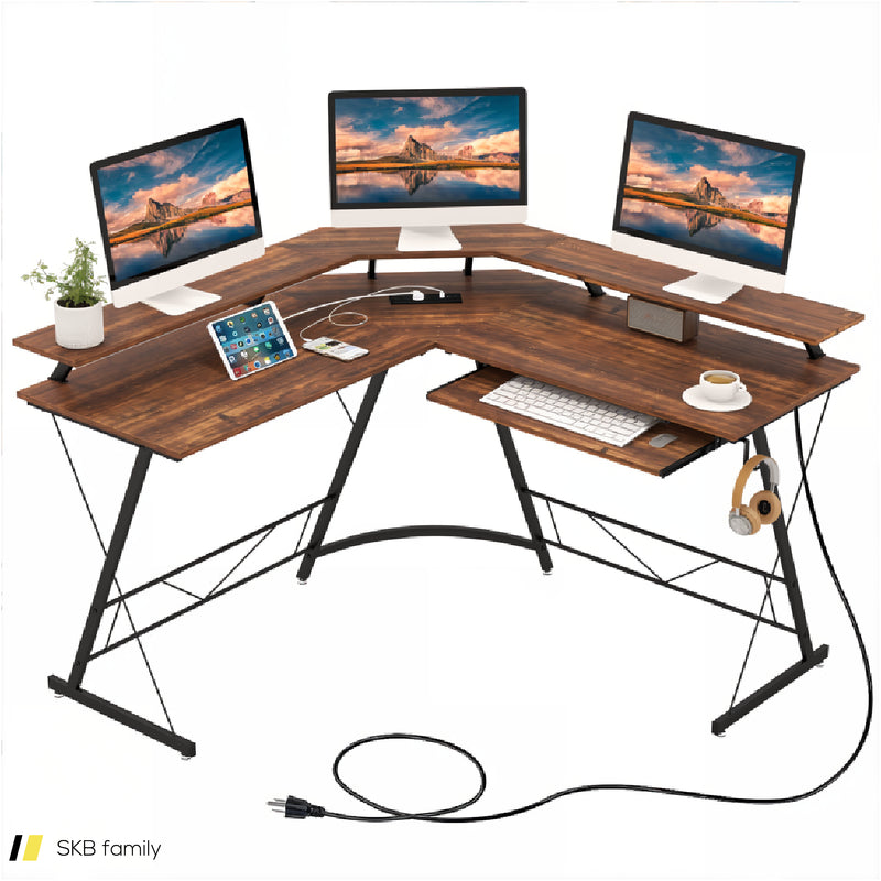 L-Shaped Computer Desk With Power Outlet And Monitor Stand 240515-230824