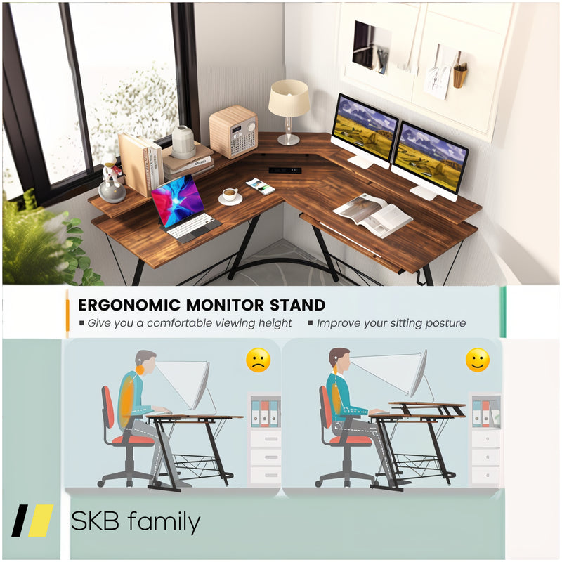 L-Shaped Computer Desk With Power Outlet And Monitor Stand 240515-230824