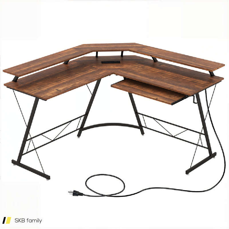 L-Shaped Computer Desk With Power Outlet And Monitor Stand 240515-230824