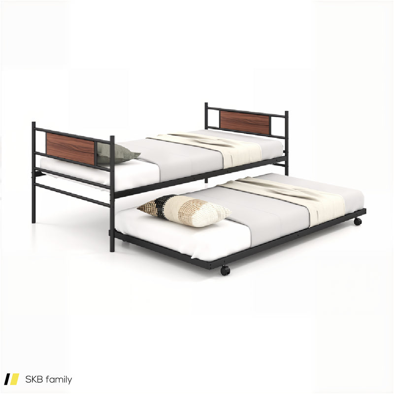 Twin Size Metal Daybed With Trundle And Wood Grain Headboard 240515-230828