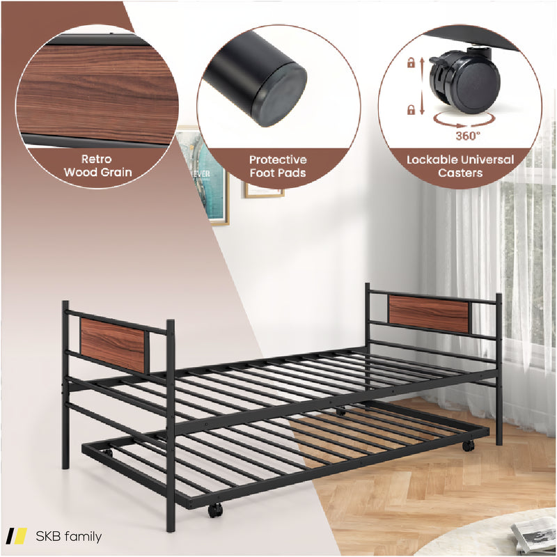 Twin Size Metal Daybed With Trundle And Wood Grain Headboard 240515-230828