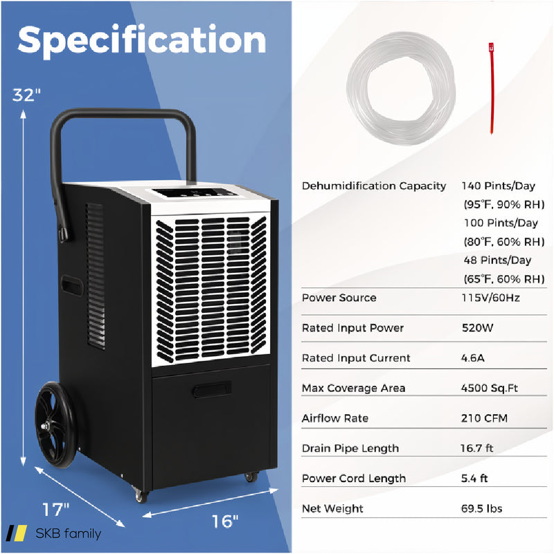 140 Pints Commercial Dehumidifier Crawl Space Dehumidifier With Pump And Drain Hose 240515-230831