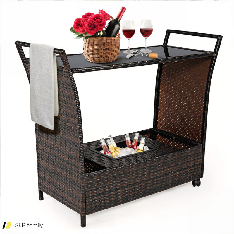 Patio Rattan Bar Serving Cart With Glass Top And Handle 240515-230833