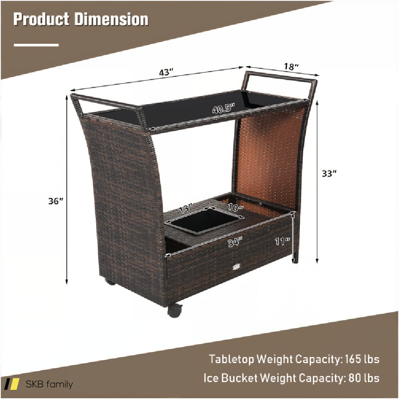 Patio Rattan Bar Serving Cart With Glass Top And Handle 240515-230833