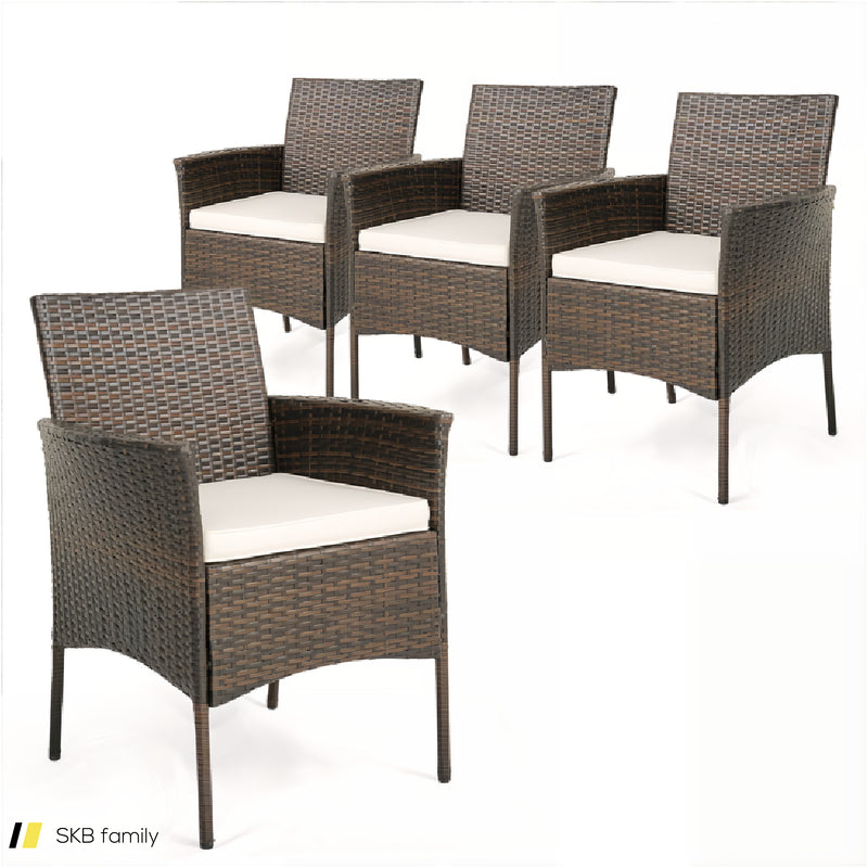 Set Of 4 Patio Pe Wicker Dining Chairs With Seat Cushions And Armrests 240515-230835