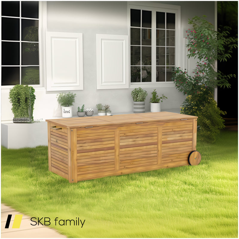 Rolling Patio Wooden Deck Box With 2 Wheelsand Side Handle For Outdoor 240515-230838