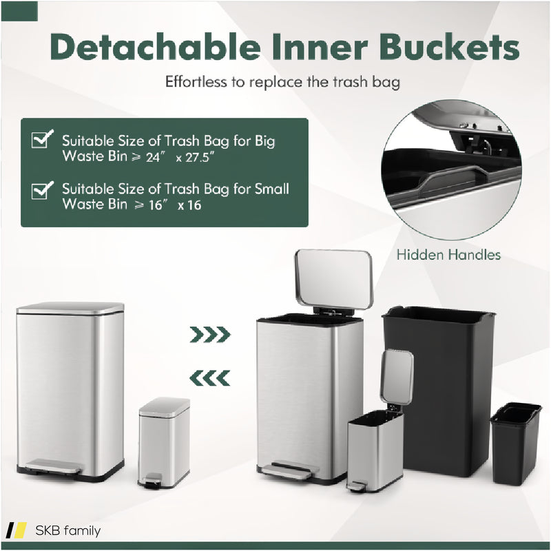 10.5 Gal And 1.6 Gal Step Trash Can Combo Set With Detachable Inner Buckets-Silver 240515-230839