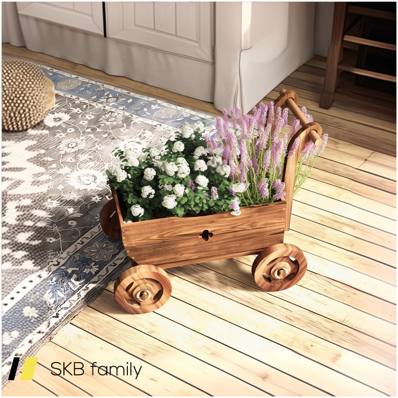 Decorative Wooden Wagon Cart With Handle Wheels And Drainage Hole 240515-230843