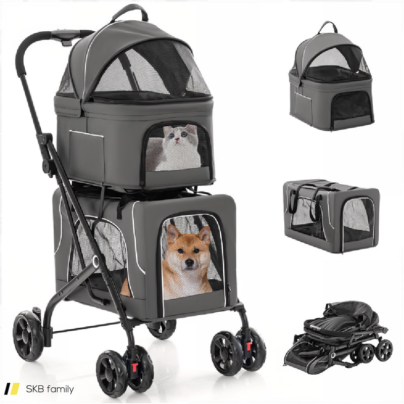 Double Pet Stroller Foldable 3-In-1 Dog Stroller With 2 Detachable Carriers 240515-230847