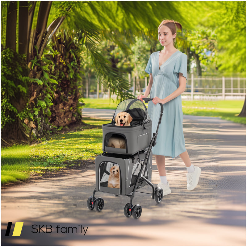 Double Pet Stroller Foldable 3-In-1 Dog Stroller With 2 Detachable Carriers 240515-230847