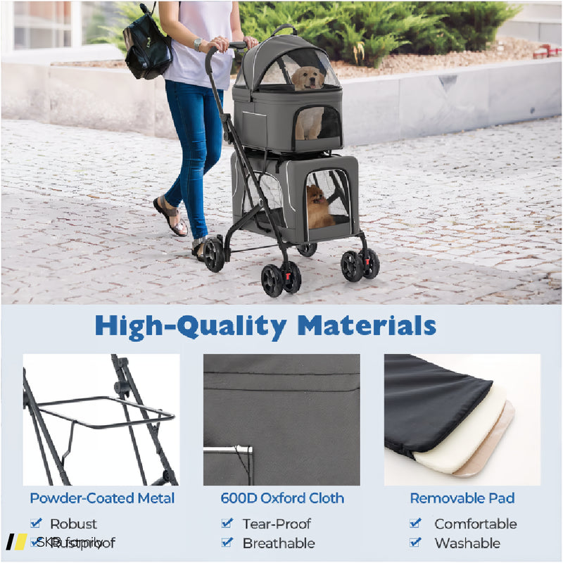 Double Pet Stroller Foldable 3-In-1 Dog Stroller With 2 Detachable Carriers 240515-230847