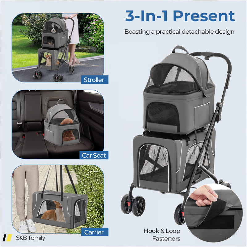 Double Pet Stroller Foldable 3-In-1 Dog Stroller With 2 Detachable Carriers 240515-230847