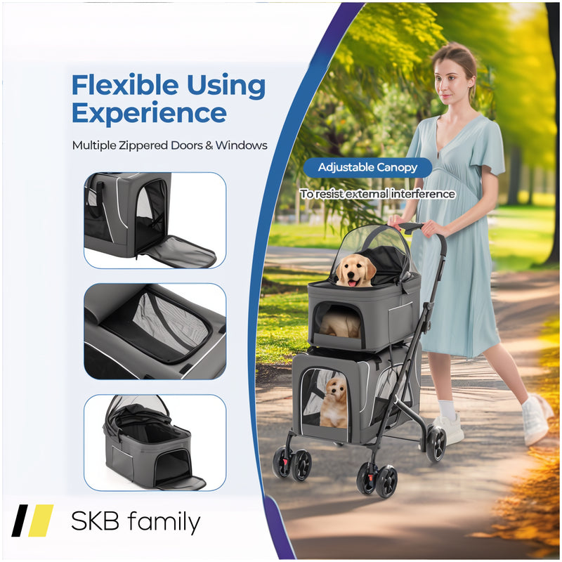 Double Pet Stroller Foldable 3-In-1 Dog Stroller With 2 Detachable Carriers 240515-230847