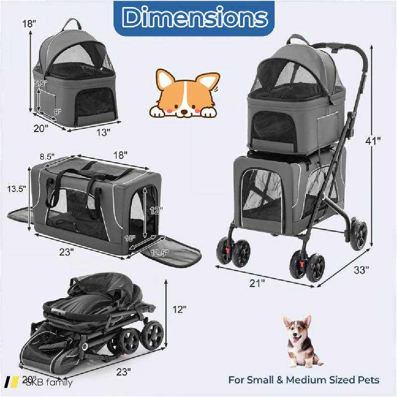 Double Pet Stroller Foldable 3-In-1 Dog Stroller With 2 Detachable Carriers 240515-230847