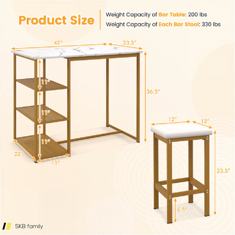 3 Pieces Gold Bar Table Set For 2 With 3-Tier Storage Shelves 240615-230853