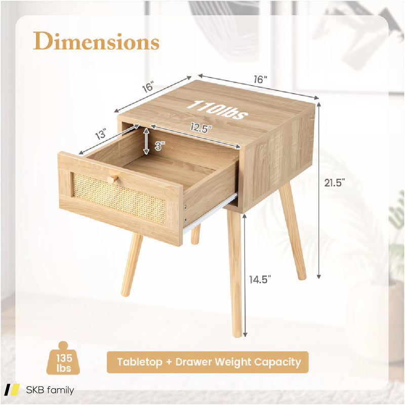 Modern Rattan Nightstand With Drawer And Solid Wood Legs For Bedroom And Living Room 240615-230854