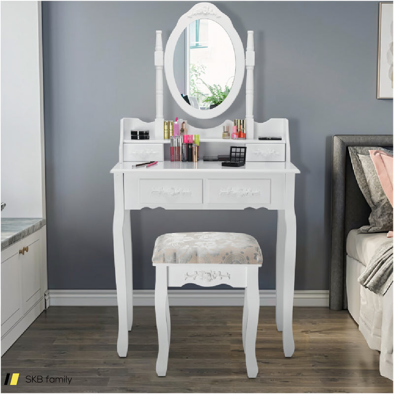 Vanity Table Set With Oval Mirror And 4 Drawers 240615-230856