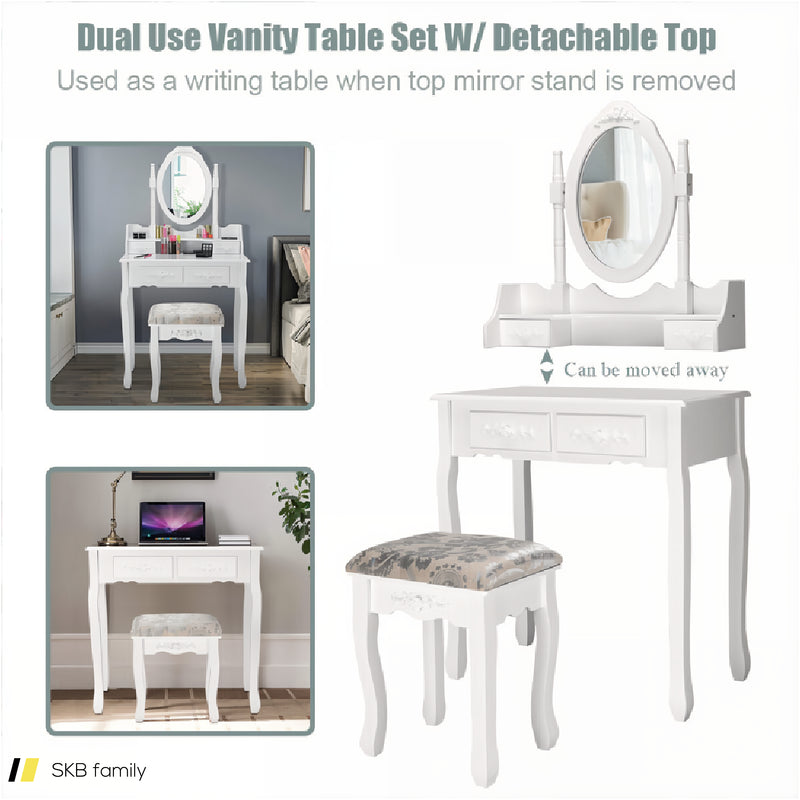 Vanity Table Set With Oval Mirror And 4 Drawers 240615-230856