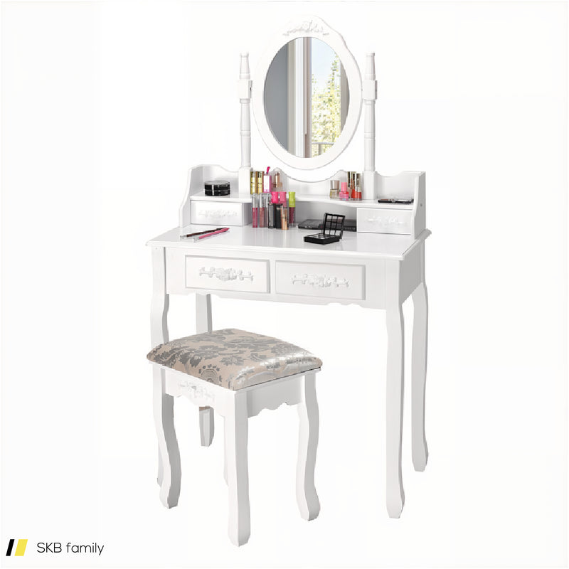 Vanity Table Set With Oval Mirror And 4 Drawers 240615-230856