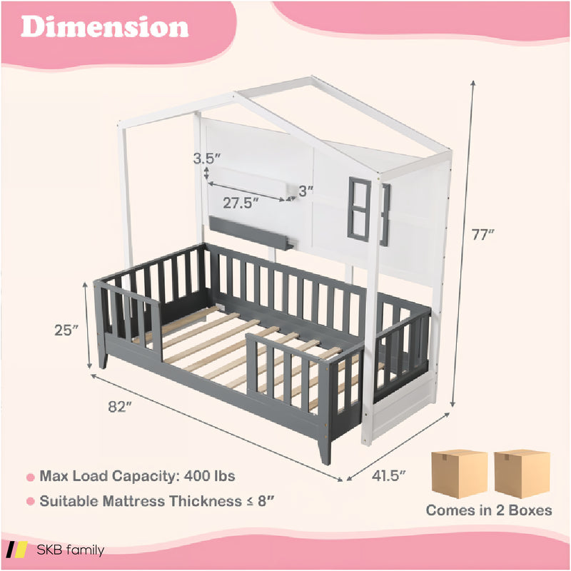 Twin Wood House Bed Montessori Floor Bed With 2 Shelves And Guardrails 240615-230857