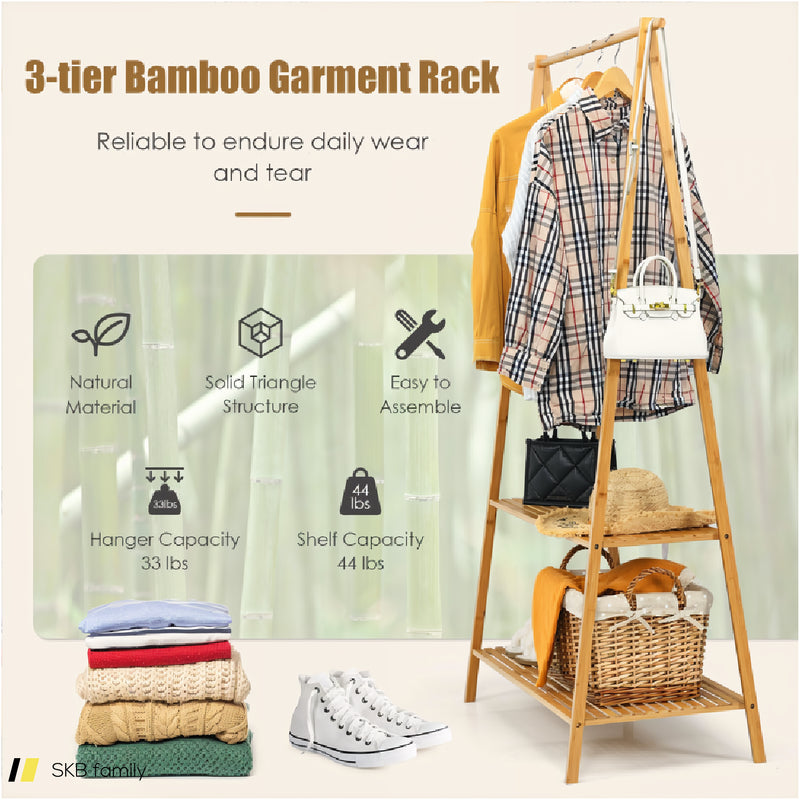 Bamboo Clothes Hanging Rack With 2-Tier Storage Shelf For Entryway Bedroom 240615-230872