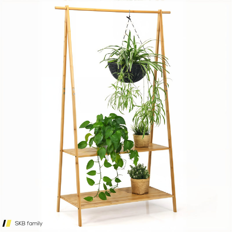 Bamboo Clothes Hanging Rack With 2-Tier Storage Shelf For Entryway Bedroom 240615-230872