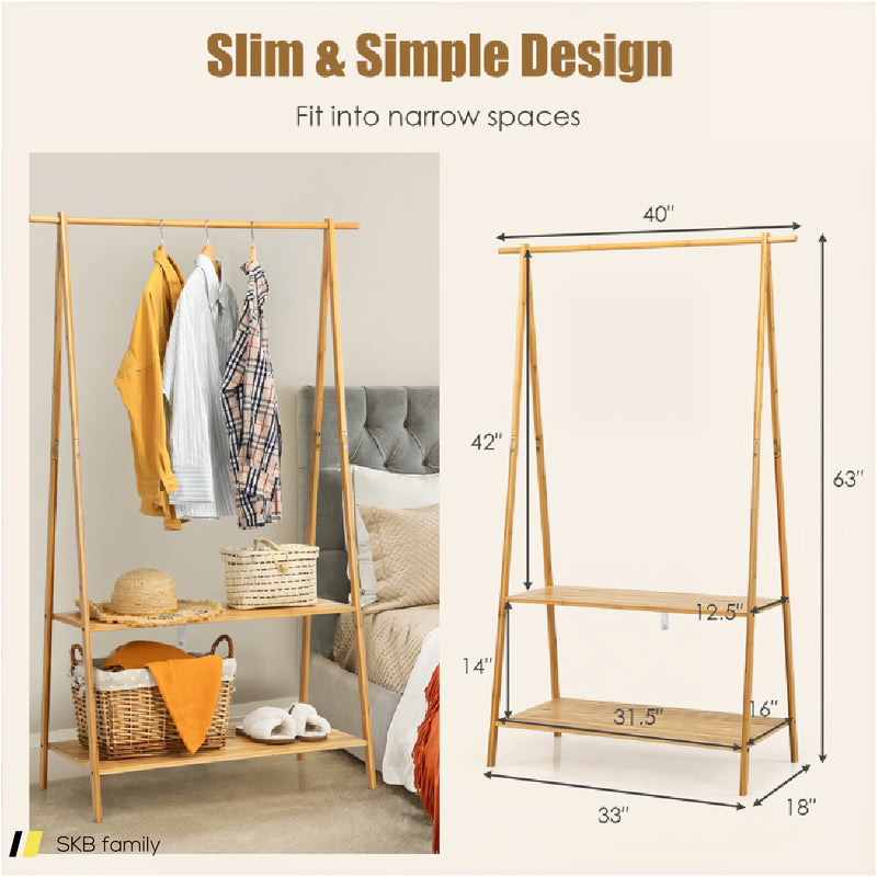 Bamboo Clothes Hanging Rack With 2-Tier Storage Shelf For Entryway Bedroom 240615-230872