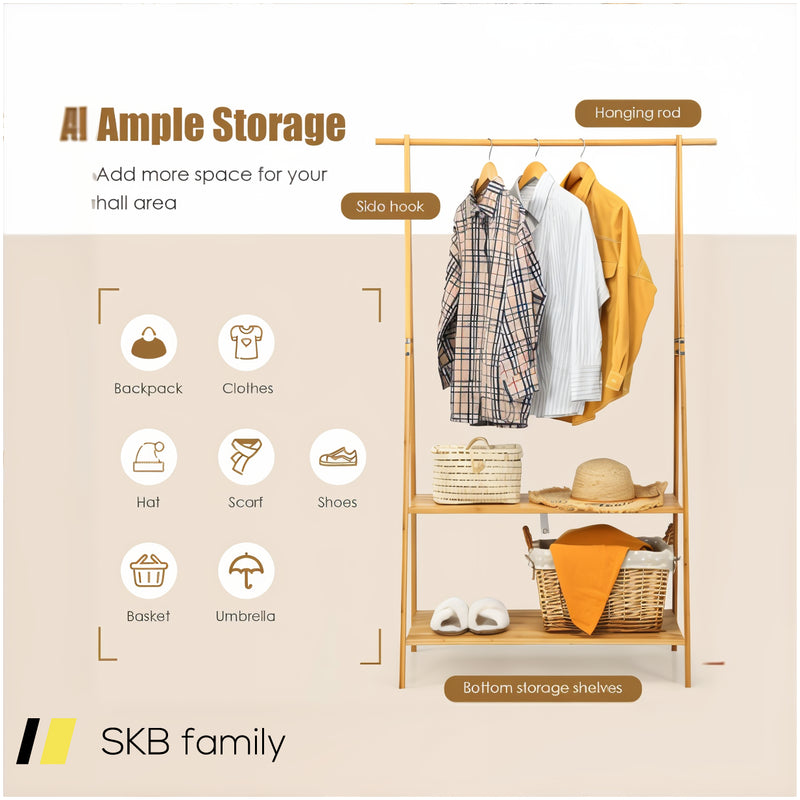 Bamboo Clothes Hanging Rack With 2-Tier Storage Shelf For Entryway Bedroom 240615-230872