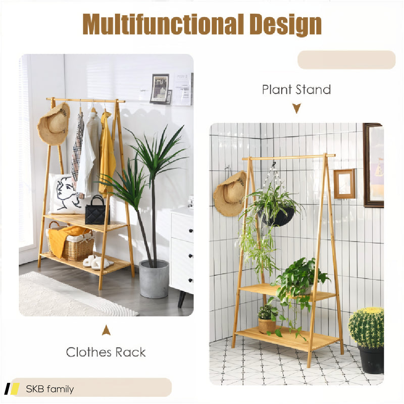 Bamboo Clothes Hanging Rack With 2-Tier Storage Shelf For Entryway Bedroom 240615-230872