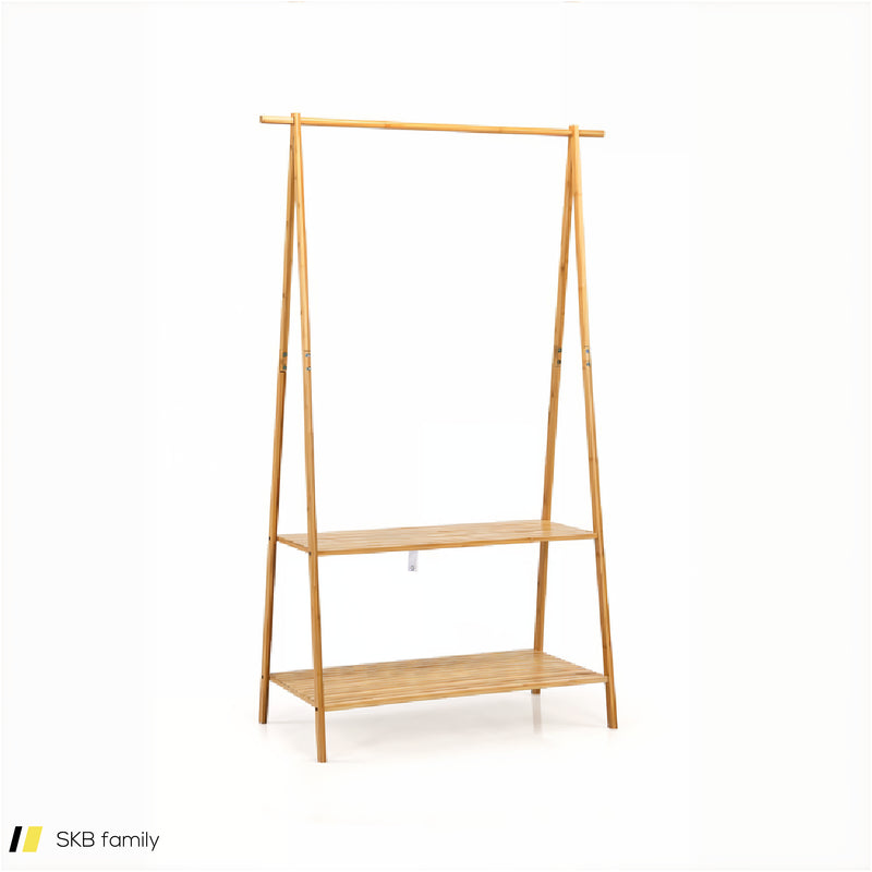 Bamboo Clothes Hanging Rack With 2-Tier Storage Shelf For Entryway Bedroom 240615-230872