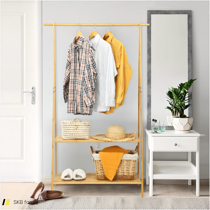 Bamboo Clothes Hanging Rack With 2-Tier Storage Shelf For Entryway Bedroom 240615-230872