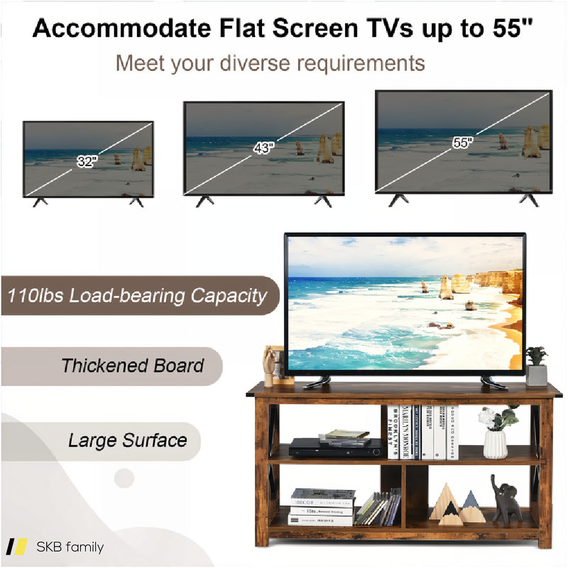 3 Tier Wood Tv Stand For 55-Inch With Open Shelves And X-Shaped Frame 240615-230878