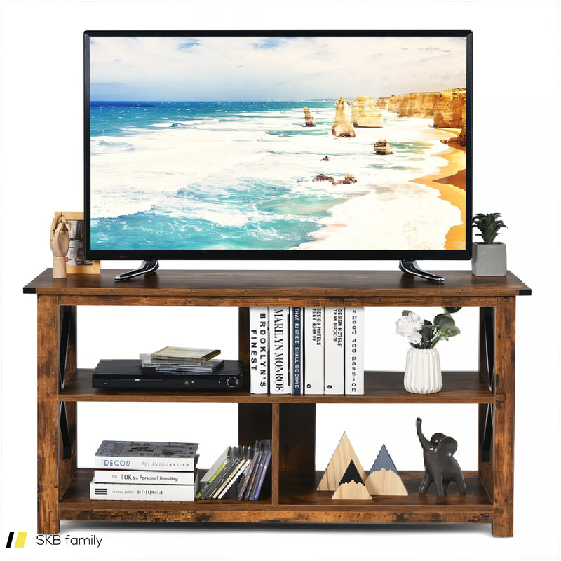 3 Tier Wood Tv Stand For 55-Inch With Open Shelves And X-Shaped Frame 240615-230878