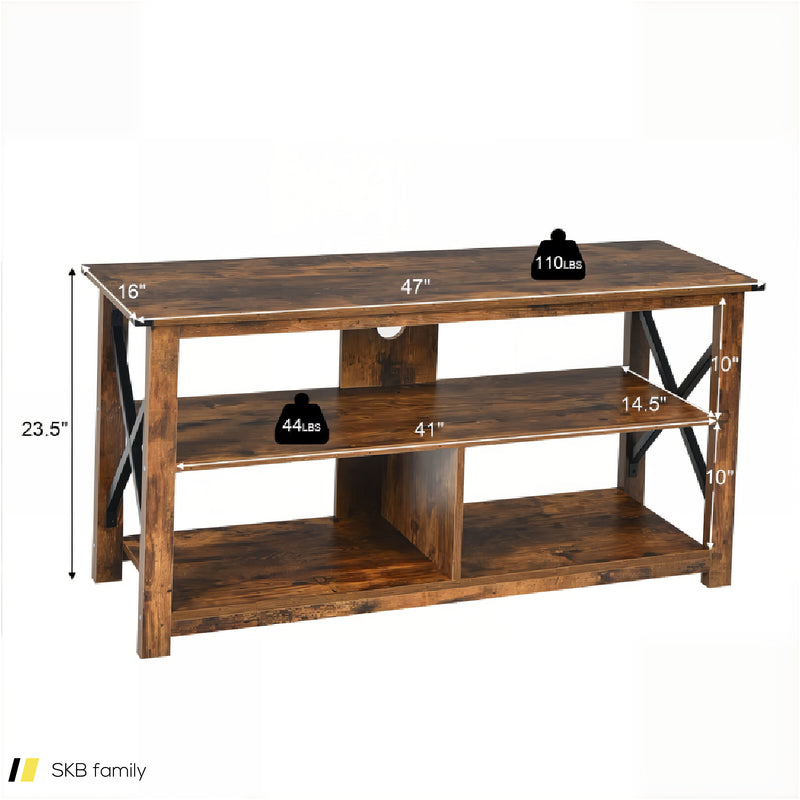 3 Tier Wood Tv Stand For 55-Inch With Open Shelves And X-Shaped Frame 240615-230878