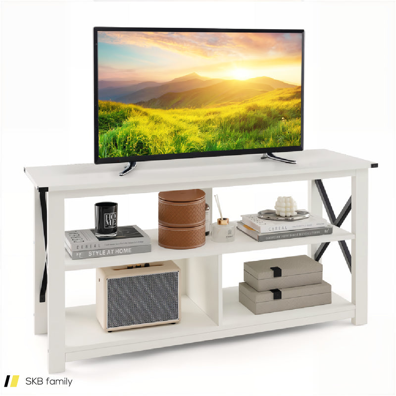 3 Tier Wood Tv Stand For 55-Inch With Open Shelves And X-Shaped Frame 240615-230878