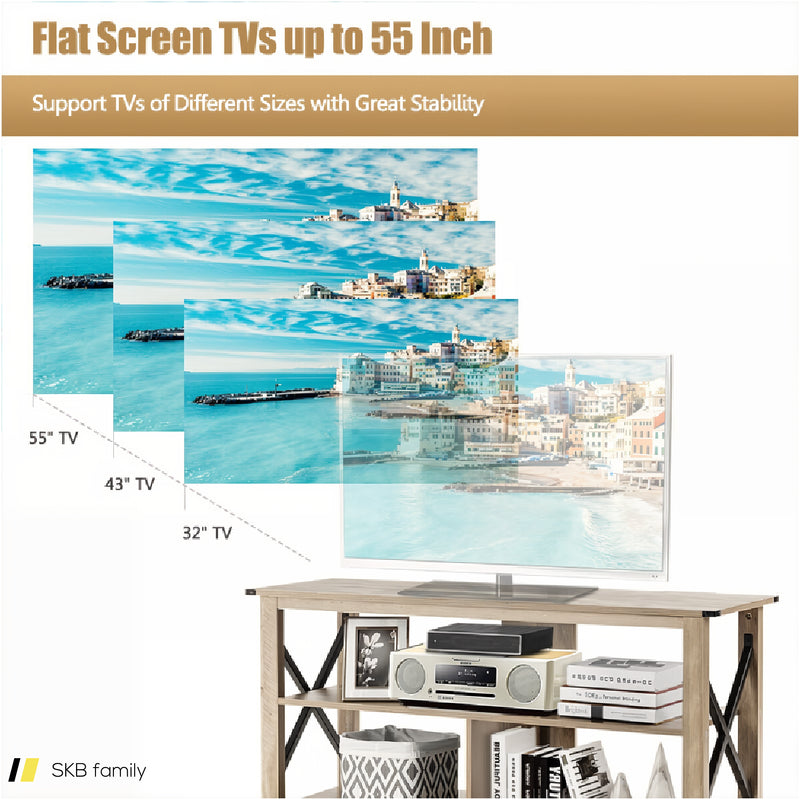 3 Tier Wood Tv Stand For 55-Inch With Open Shelves And X-Shaped Frame 240615-230878