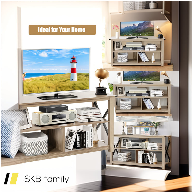 3 Tier Wood Tv Stand For 55-Inch With Open Shelves And X-Shaped Frame 240615-230878