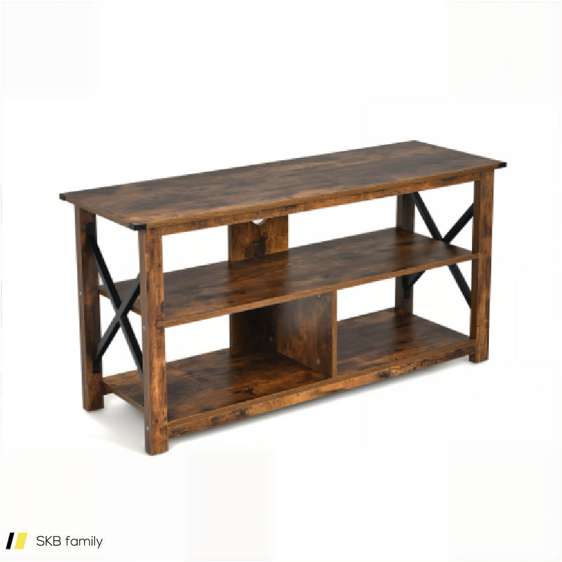 3 Tier Wood Tv Stand For 55-Inch With Open Shelves And X-Shaped Frame 240615-230878