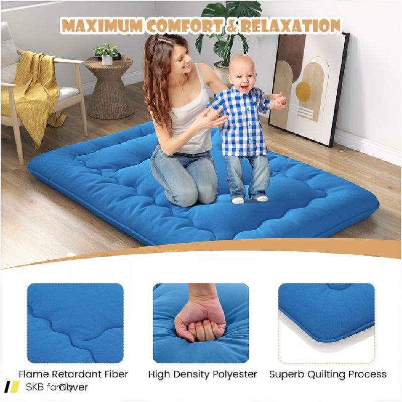 Foldable Futon Mattress With Washable Cover And Carry Bag For Camping Blue 240615-230880