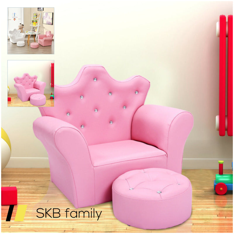 Children Upholstered Princess Sofa With Ottoman And Diamond Decoration For Boys And Girls 240615-230890