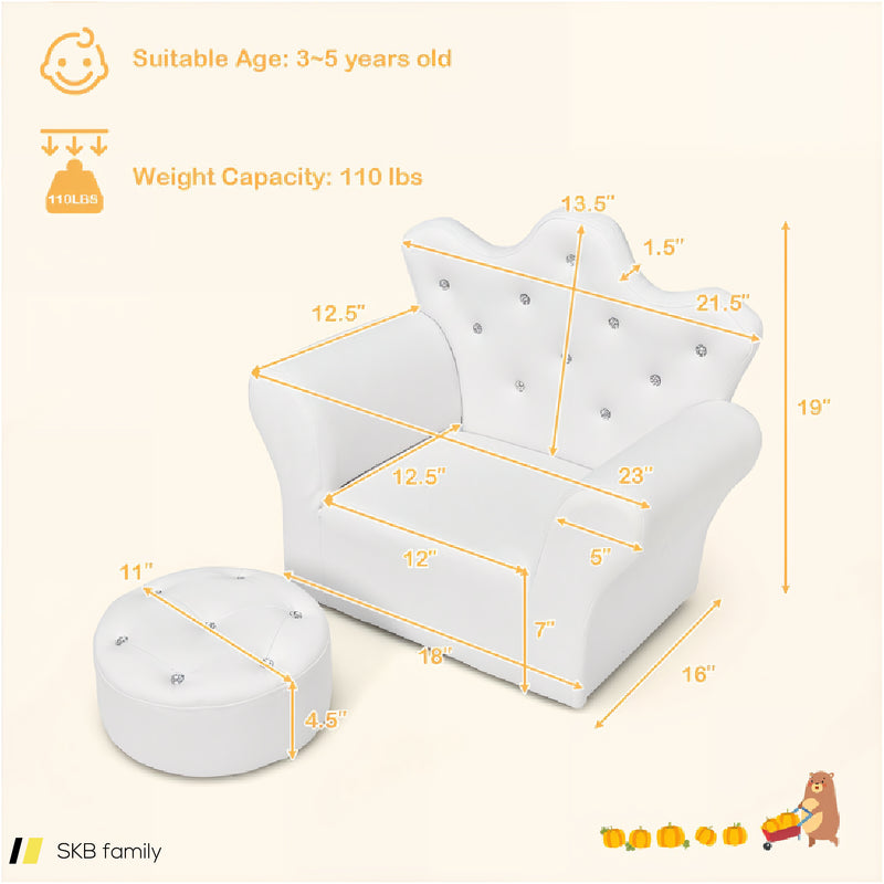 Children Upholstered Princess Sofa With Ottoman And Diamond Decoration For Boys And Girls 240615-230890